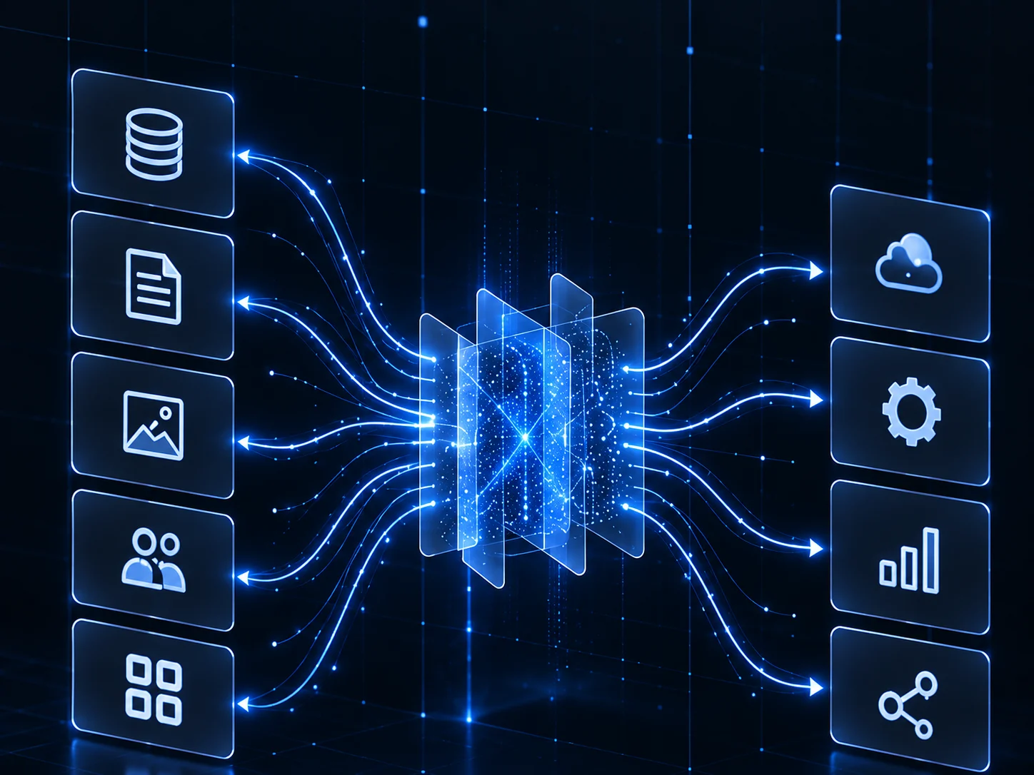AI core connecting data sources to cloud services, tools and analytics