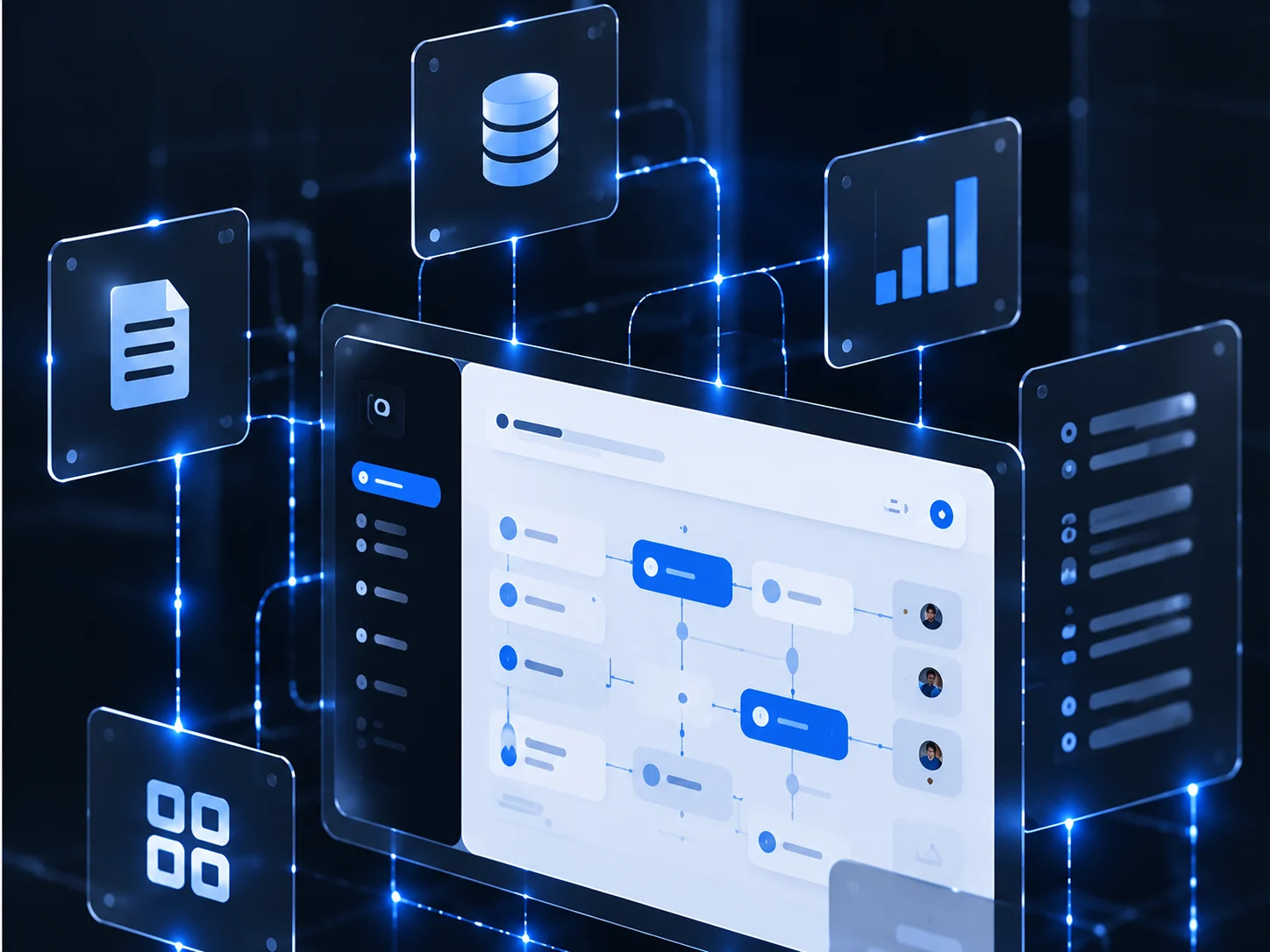 Application dashboard linked to data, documents and reporting