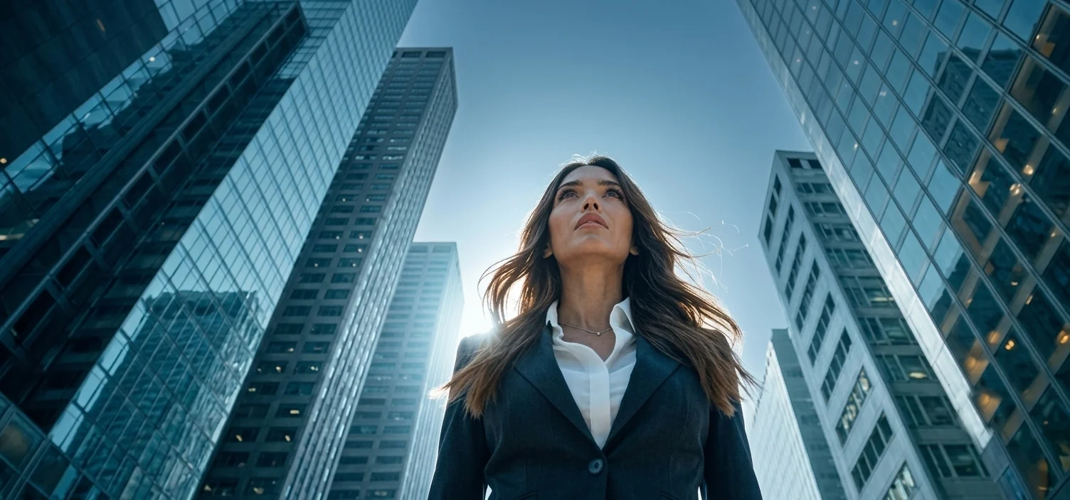 A decision maker looking up at the city towers