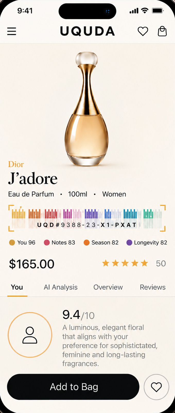 Product page: Dior J’adore with a 9.4 out of 10 match, the reason it fits and Add to Bag
