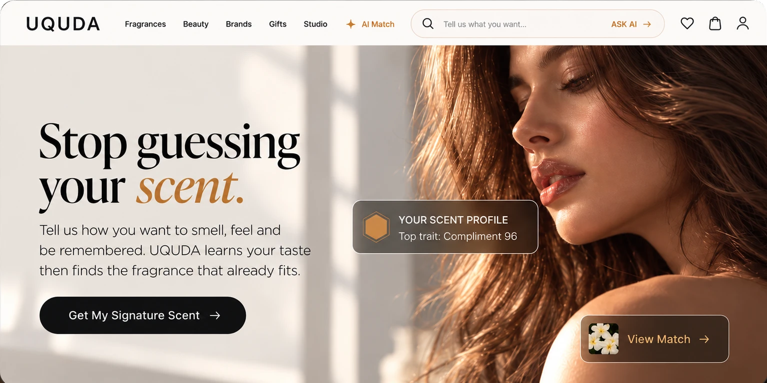 Uquda storefront: Stop guessing your scent, with the scent profile and match shown as compact chips